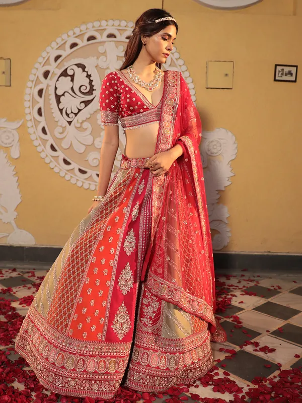 Stunning multi color raw silk lehenga choli