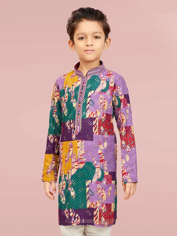 Stunning multi color silk printed kurta pajama
