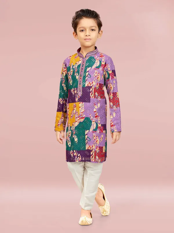 Stunning multi color silk printed kurta pajama