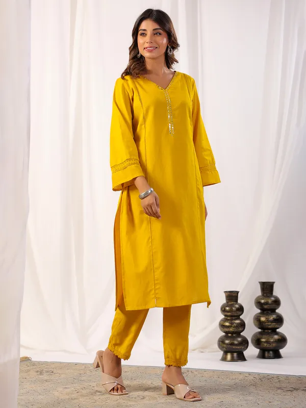 Stunning mustard yellow cotton kurti set