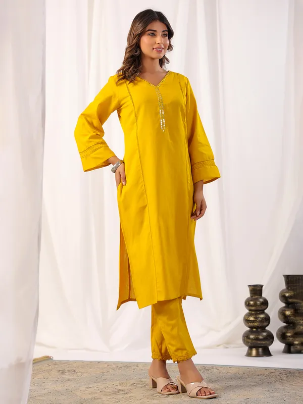 Stunning mustard yellow cotton kurti set