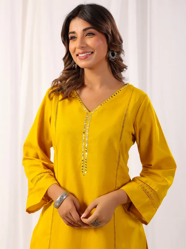 Stunning mustard yellow cotton kurti set