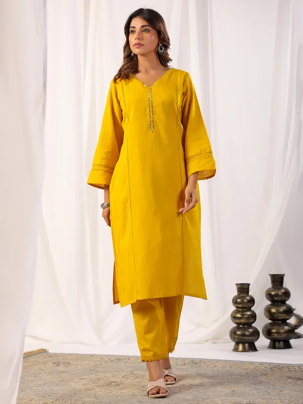 Stunning mustard yellow cotton kurti set