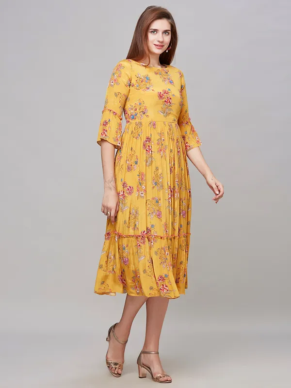 Stunning mustard yellow cotton printed kurti