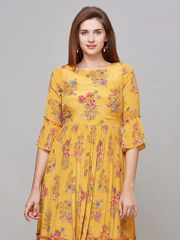 Stunning mustard yellow cotton printed kurti