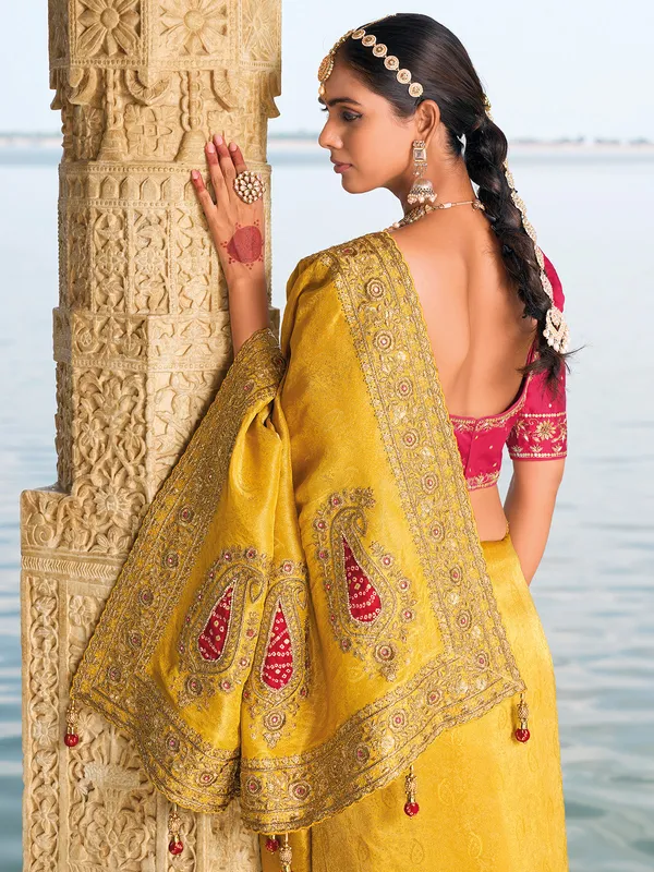 Stunning mustard yellow crepe saree