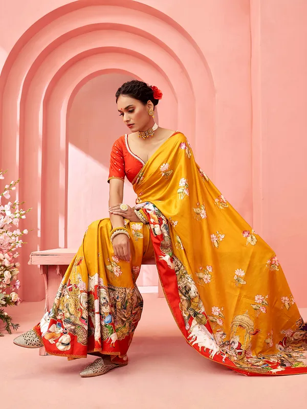 Stunning mustard yellow printed saree