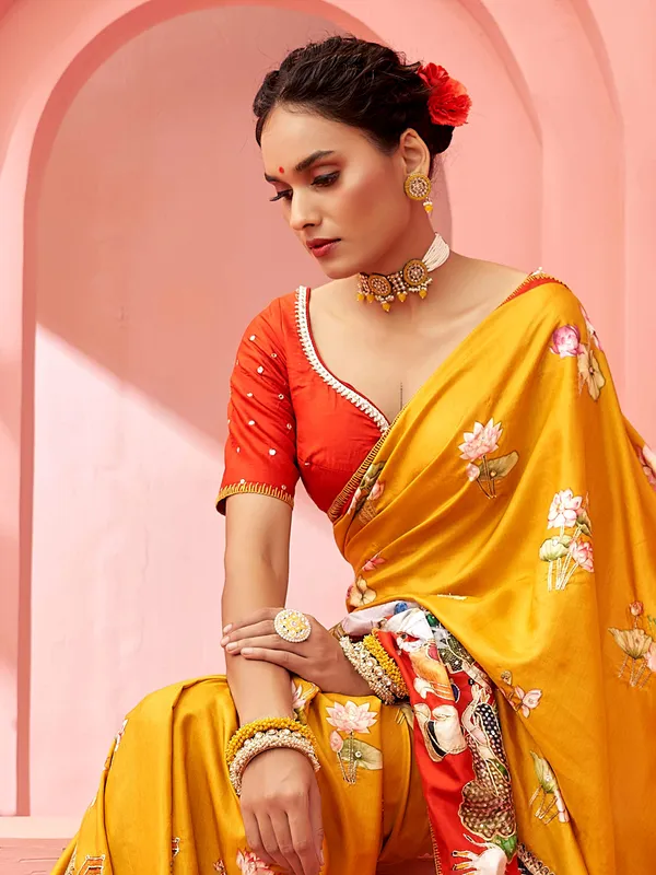 Stunning mustard yellow printed saree