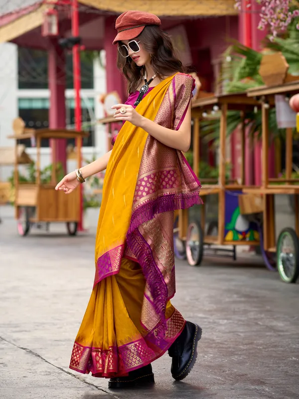 Stunning mustard yellow saree in banarasi silk