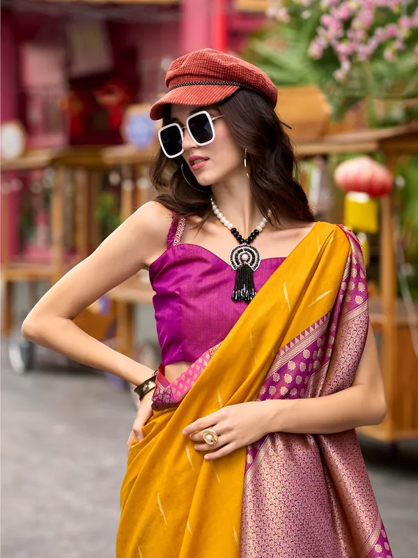 Stunning mustard yellow saree in banarasi silk