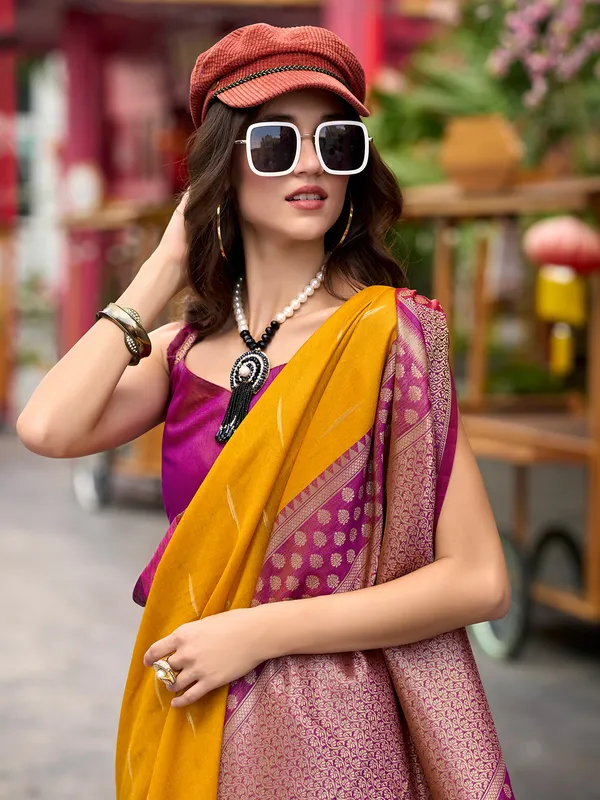 Stunning mustard yellow saree in banarasi silk