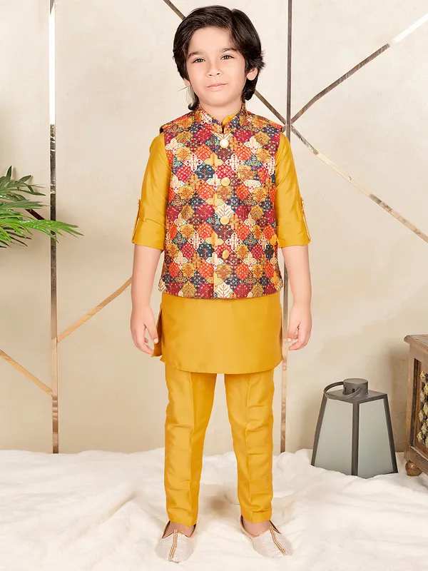 Stunning mustard yellow silk festive wear waistcoat set for boys