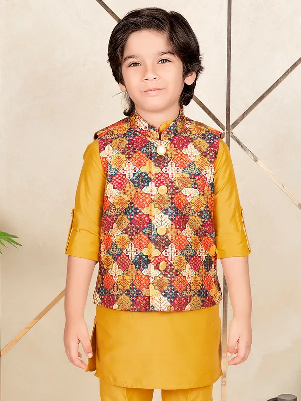 Stunning mustard yellow silk festive wear waistcoat set for boys