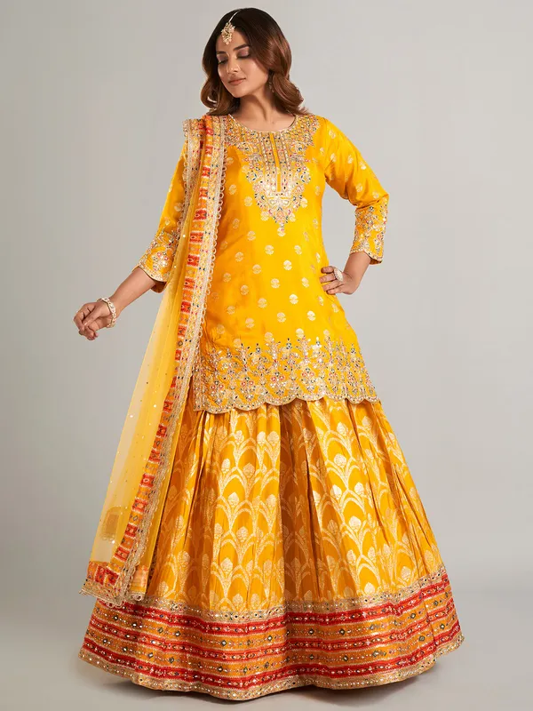 Stunning mustard yellow silk lehenga suit