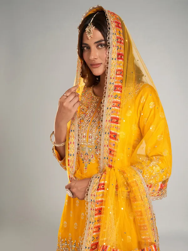 Stunning mustard yellow silk lehenga suit