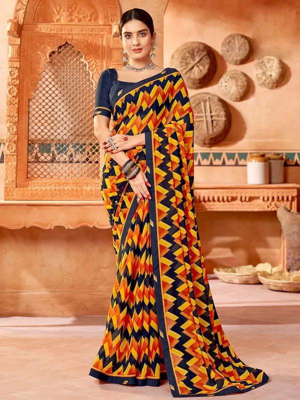 Stunning navy and yellow printed saree