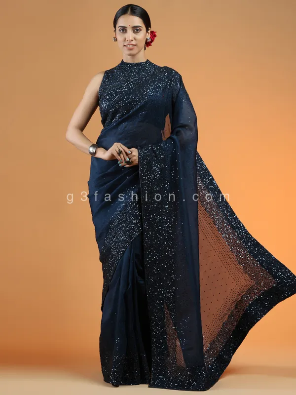 Stunning navy blue reception wear organza saree