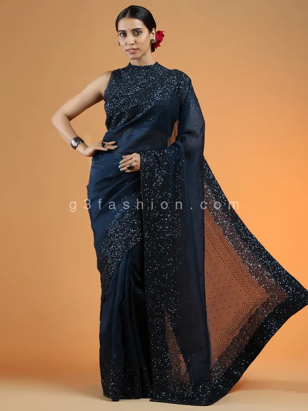 Stunning navy blue reception wear organza saree