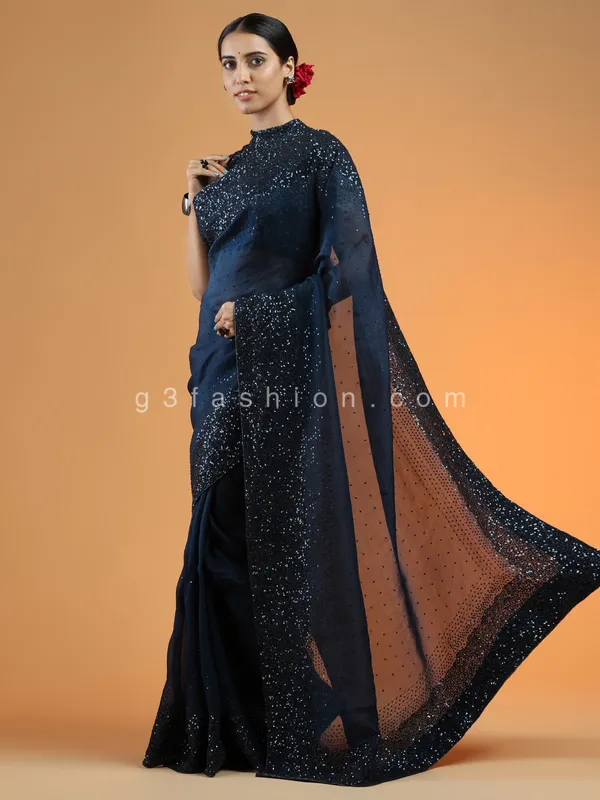 Stunning navy blue reception wear organza saree