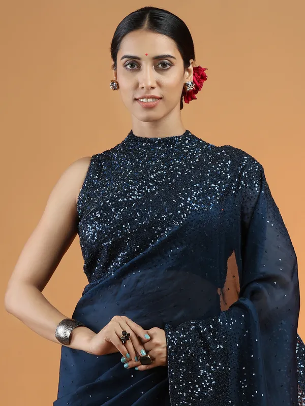 Stunning navy blue reception wear organza saree