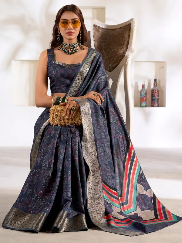 Stunning navy printed silk saree