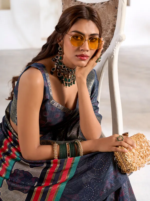 Stunning navy printed silk saree