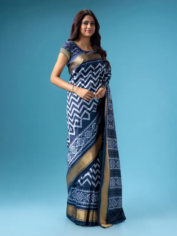 Stunning navy silk printed saree