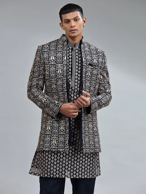 Stunning navy terry rayon men indowestern