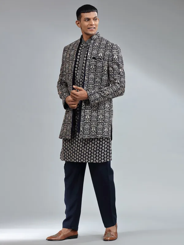 Stunning navy terry rayon men indowestern