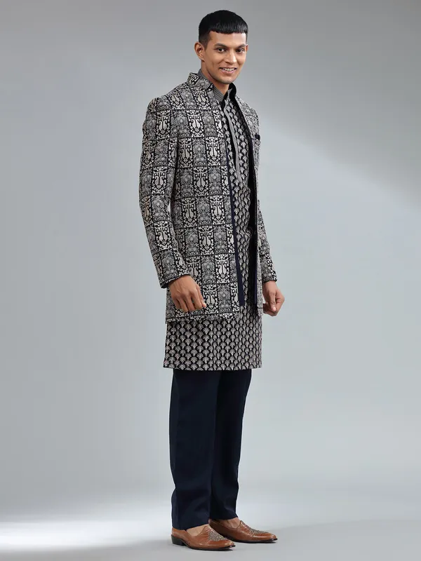 Stunning navy terry rayon men indowestern
