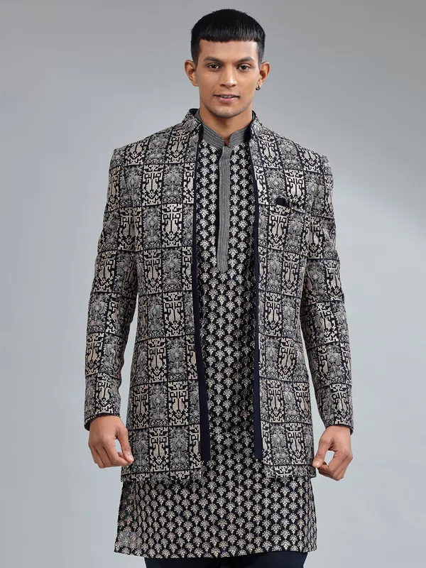 Stunning navy terry rayon men indowestern