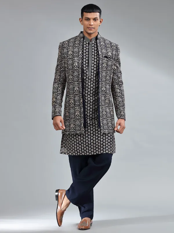 Stunning navy terry rayon men indowestern
