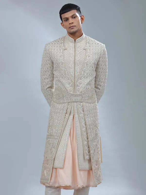 Stunning Off white and peach silk peshwai sherwani