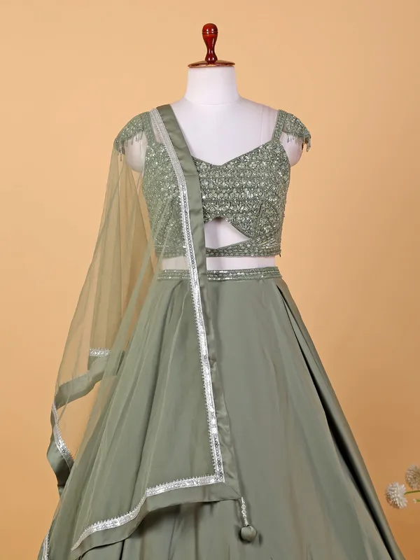 Stunning olive satin silk lehenga choli