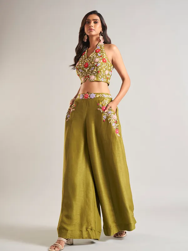 Stunning olive silk palazzo salwar suit