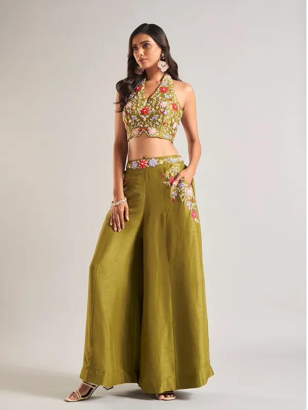 Stunning olive silk palazzo salwar suit