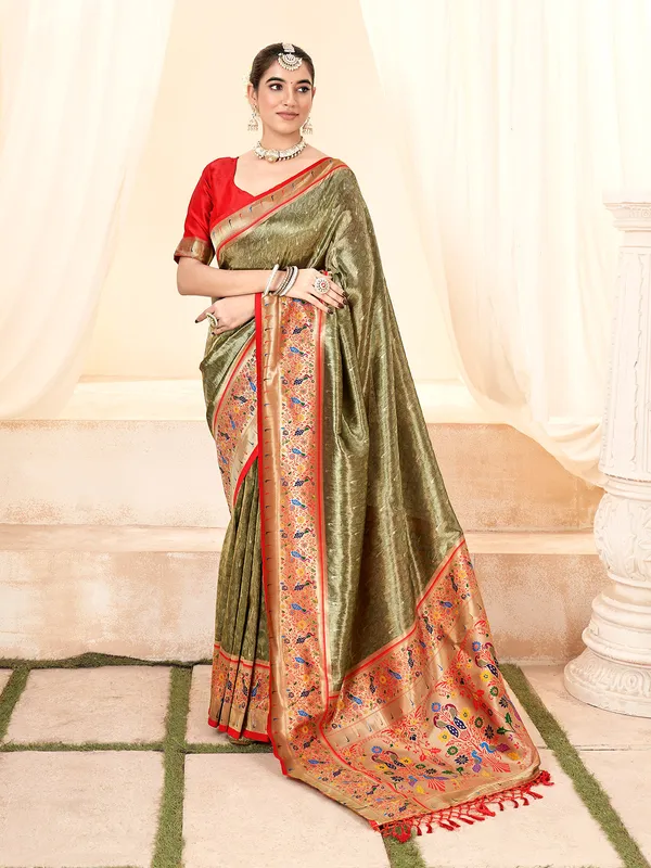 Stunning olive tissue silk saree