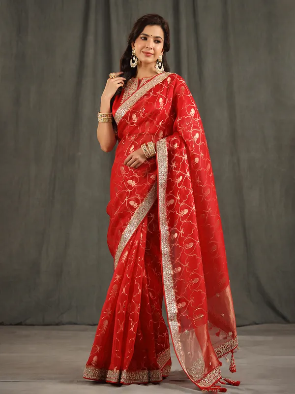 Stunning organza red saree