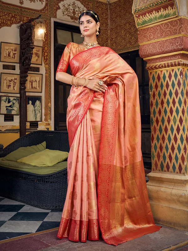 Stunning peach banarasi silk saree