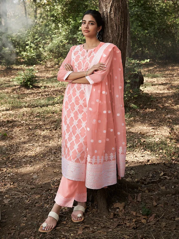 Stunning peach cotton silk kurti set