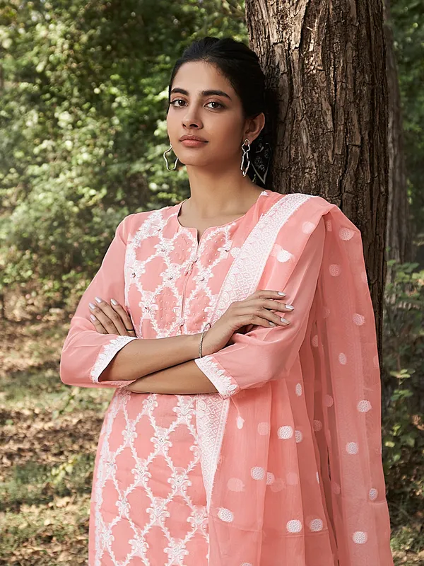 Stunning peach cotton silk kurti set