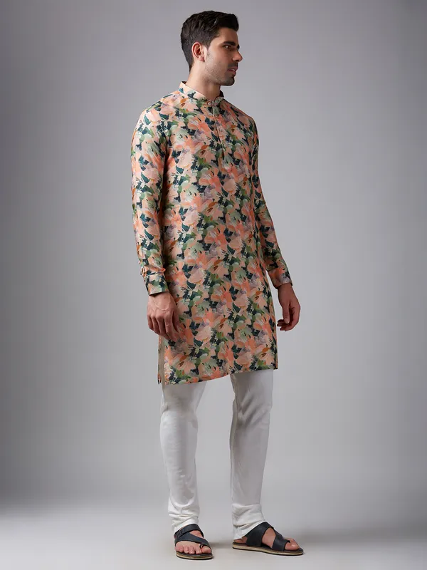 Stunning peach printed silk  Men Kurta pajama