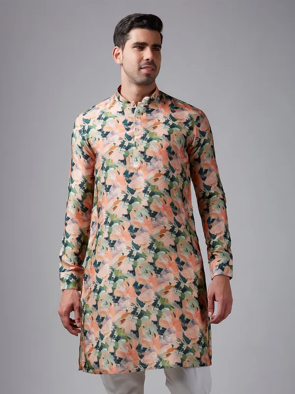 Stunning peach printed silk  Men Kurta pajama