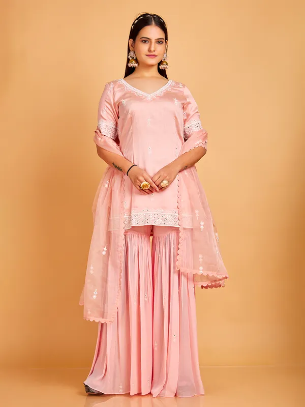 Stunning peach silk sharara suit