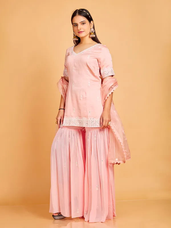 Stunning peach silk sharara suit