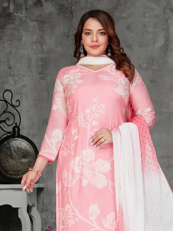Stunning pink cotton printed kurti set
