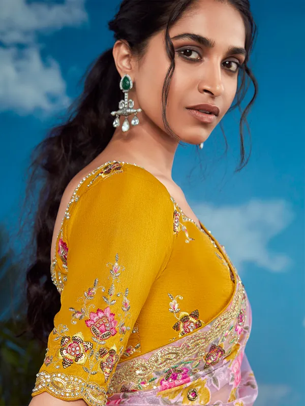 Stunning pink organza printed saree