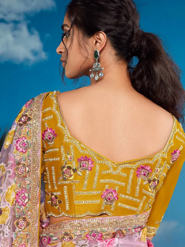 Stunning pink organza printed saree
