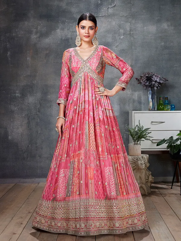 Stunning pink printed georgette anarkali suit