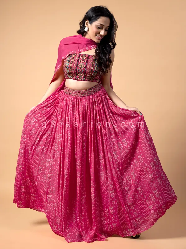 Stunning pink printed silk lehenga choli